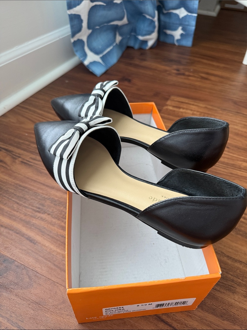 kate spade Black Pointed-Toe Flats with Black & White Striped Bow - Picture 4 of 5